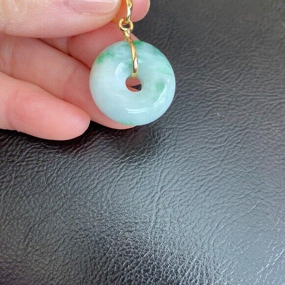 14K Solid Yellow Gold Small Round Donut Natural Jade Pendant Necklace