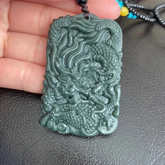 Large Nephrite Jade Carving Dragon Pendant Necklace Men