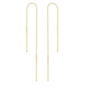 14K Solid Yellow Gold Bar Box Chain Dangle Drop Threader Earrings