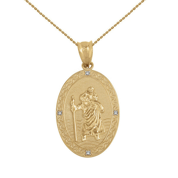 14k Solid Gold St. Saint Christopher Medallion Diamond Oval Pendant Necklace