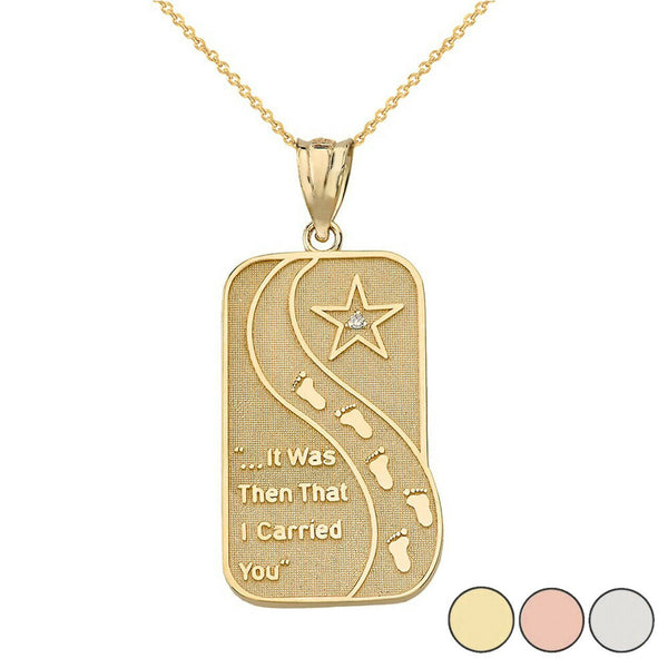 14K Solid Yellow Gold Diamond Footprints in the Sand Poem Pendant Necklace