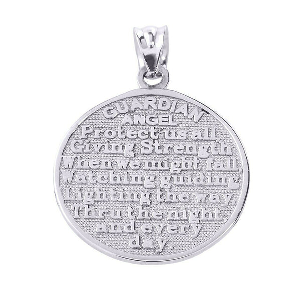 14k Solid Two Sided White Gold Guardian Angel Charm Pendant Necklace