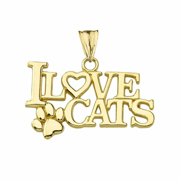 10k Solid Yellow Gold "I Love Cats" Paw Pendant Necklace