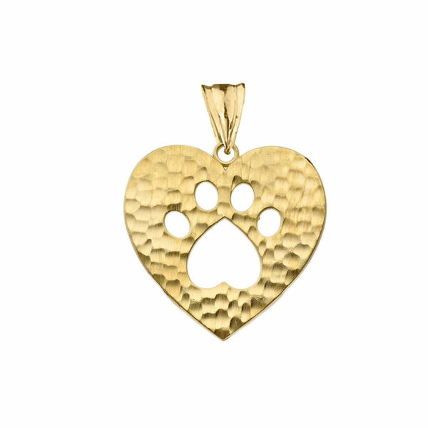 Solid 10k Yellow Gold Cut- Out Paw Print In Heart Pendant Necklace
