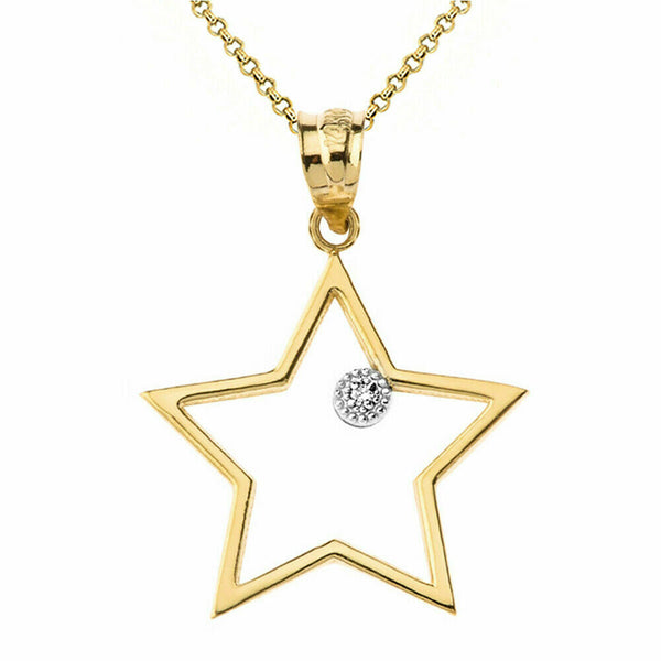 Solid Gold Star Outline Openwork Diamond Pendant Necklace Yellow White Rose
