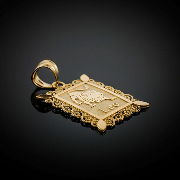 14k Solid Gold Leo Zodiac Sign Filigree Rectangular Pendant Necklace