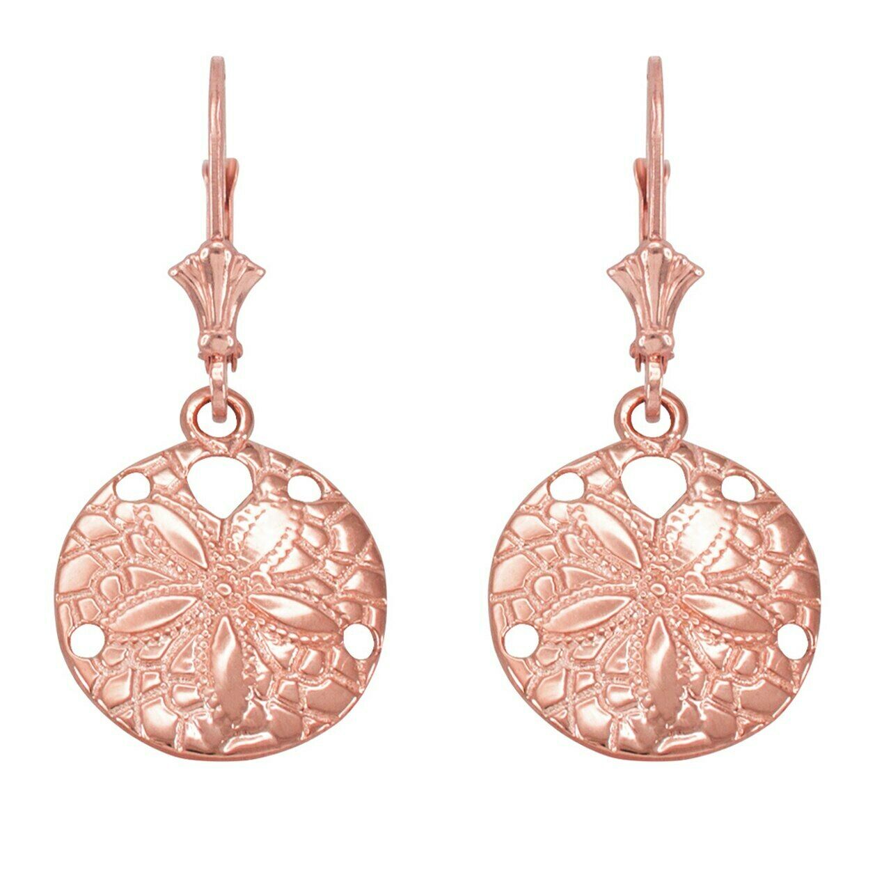 14k Rose Gold Textured Sand Dollar Sea Star Drop / Dangle Leverback Earrings