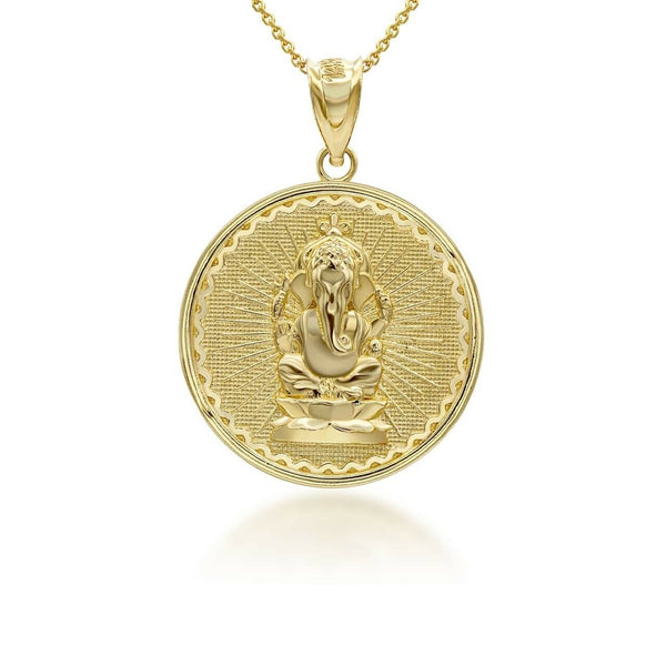 14K Solid Gold Lord Ganesha Hindu Coin Pendant Necklace -Yellow, Rose, or White