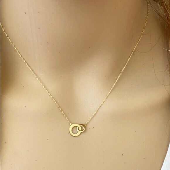 14K Solid Real Yellow Gold Mini Interlocked Circle Necklace -Adjustable 16"-18"