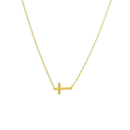 14K Solid Yellow Gold Mini Sideways Cross Dainty Necklace 16"-18" Adjustable