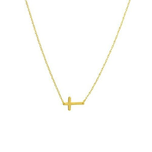 14K Solid Yellow Gold Mini Sideways Cross Dainty Necklace 16"-18" Adjustable