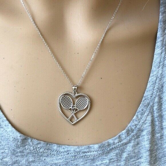 NWT Detailed Tennis Rackets Heart Pendant Necklace Sterling Silver Made In USA