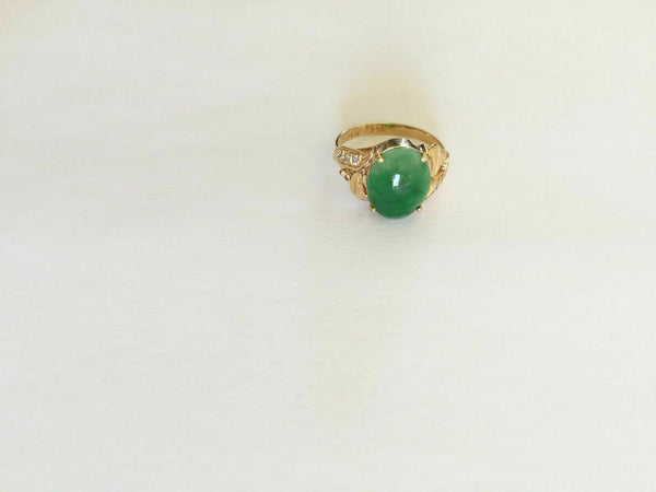 14K Solid Yellow Gold Oval Green Jade Women CZ Ring Size 5.5