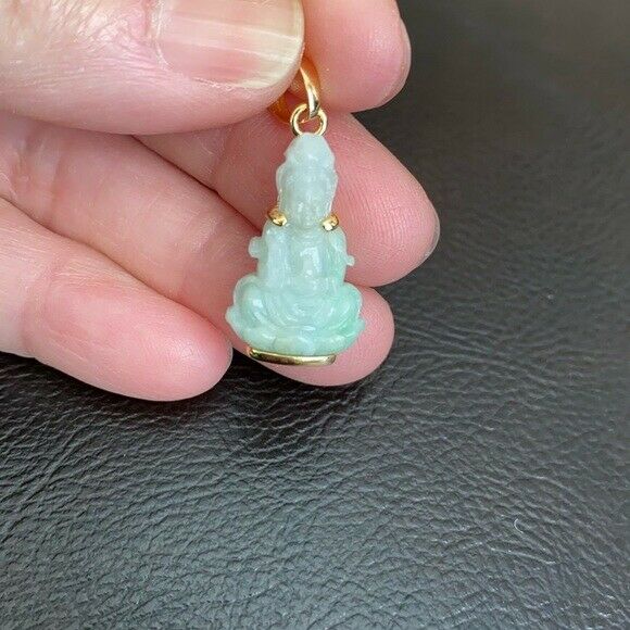 14K Solid Gold Guanyin Kwan Yin Buddha Natural Jade Pendant -Small Kid Size