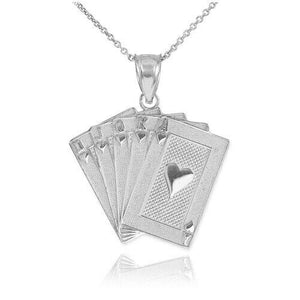 Sterling Silver Royal Flush Hearts A K Q J 10 Poker Pendant Necklace Made USA