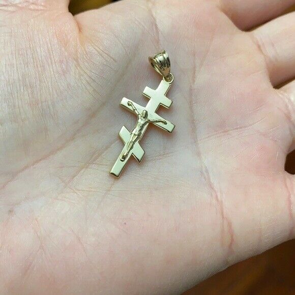 Solid 10k Yellow Gold Russian Orthodox Crucifix Pendant Necklace