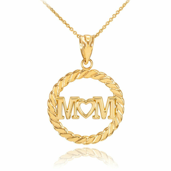 14k Solid Yellow Gold MOM Heart in Circle Rope Pendant Charm Necklace