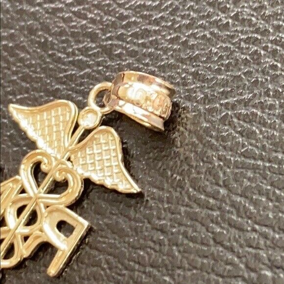 10K Real Gold Caduceus Medical RN Registered Nurse Herald Staff Pendant Necklace