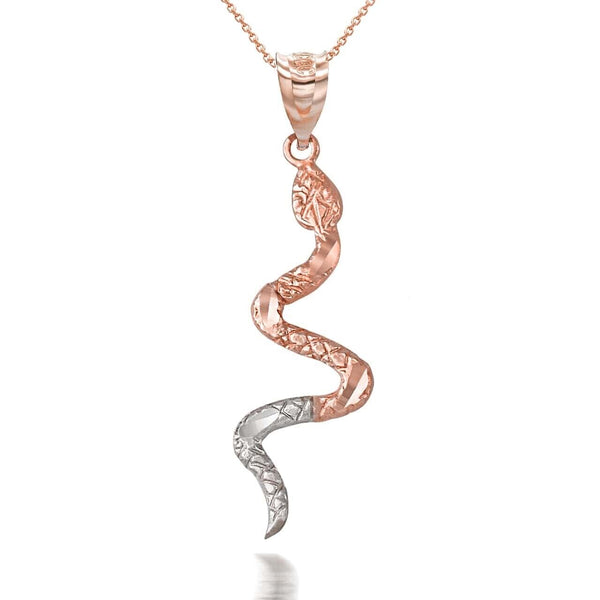 10K Solid Gold Snake Pendant Necklace - Yellow, Rose, or White - Two Tone