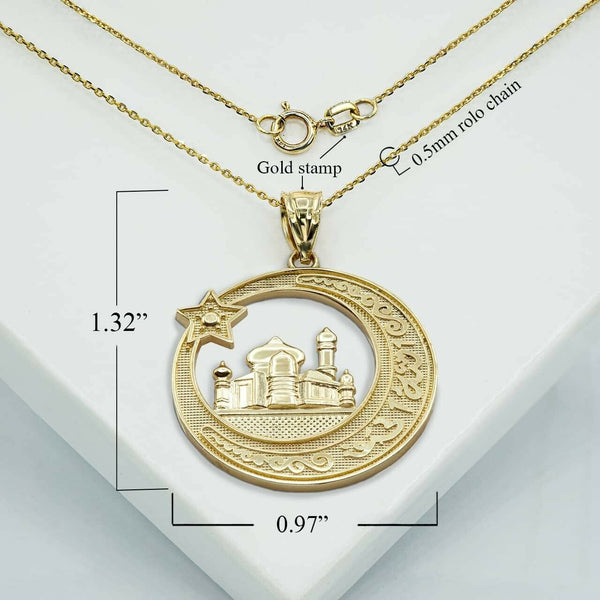 10K Gold Islamic Crescent Moon Star Mosque Islamic Characters Pendant Necklace