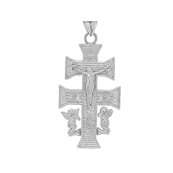 10K Solid Gold Caravaca Double Cross With Angels Crucifix Pendant Necklace