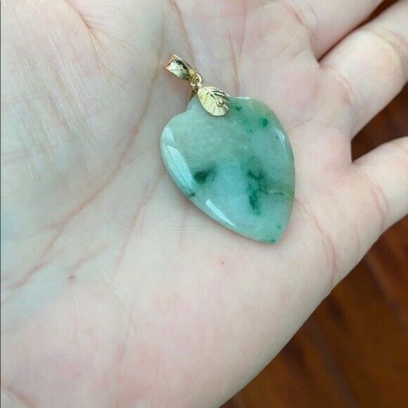 18K Solid Real Yellow Gold Genuine Natural Jadeite Heart Jade Pendant