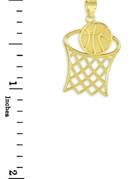 14k Solid Yellow Gold Textured Basketball Hoop Sport Pendant Necklace