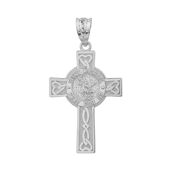 14k White Gold Saint St. Michael Pray For Us Celtic Heart Cross Pendant Necklace