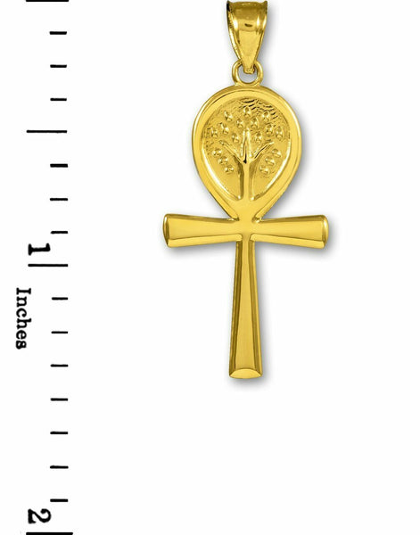 10K Solid Yellow Gold Ankh Cross Tree of Life Pendant Necklace