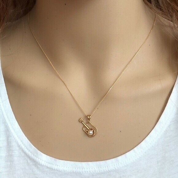 14K Solid Gold Small Pearl Guitar Music Pendant /Charm Dainty Necklace 16", 18"