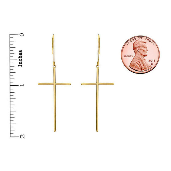 14k Solid Gold Dangling Dainty Cross Earrings (Yellow, Rose, or White Gold)