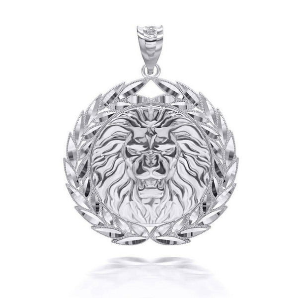 .925 Sterling Silver Lion Mane Head Laurel Wreath Pendant Necklace