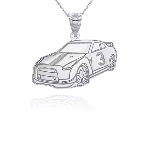 Personalized Engrave Name Silver Reversible Race Car Pendant Necklace