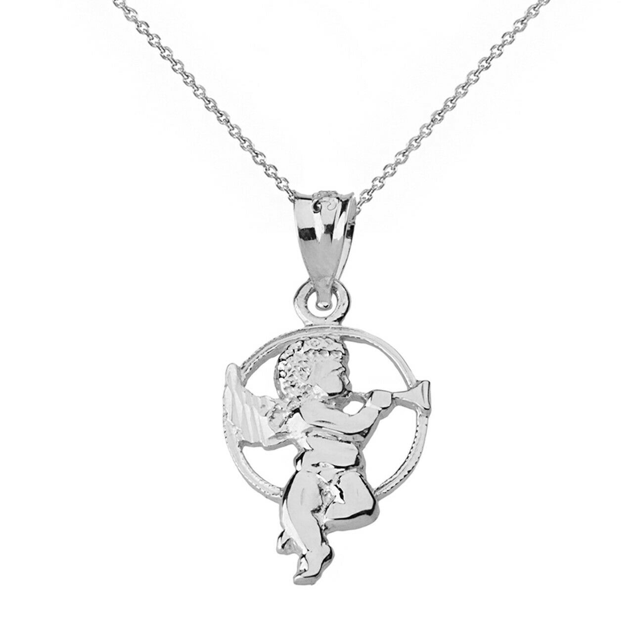 925 Silver Sterling Diamond Cut Cherub Angel Circle Pendant Necklace