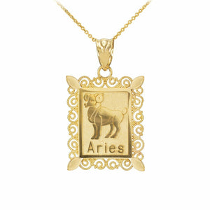 14k Solid Gold Aries Zodiac Sign Filigree Rectangular Pendant Necklace