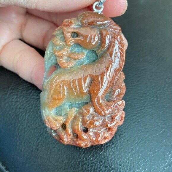 925 Sterling Silver Carving Roaring Tiger Heavy Red Jade Pendant Necklace Men