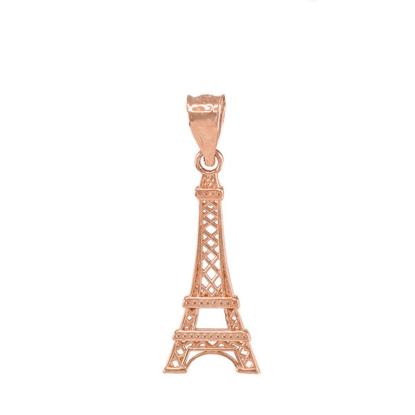 14K Solid Rose Gold Eiffel Tower Statue France Souvenir Pendant Necklace