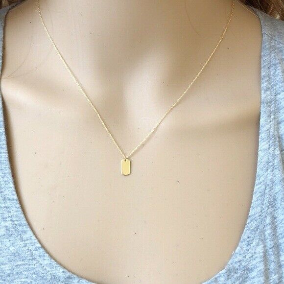 14K Solid Gold Mini Dog Tag Dainty Necklace - Minimalist Yellow 16"-18" Adjust