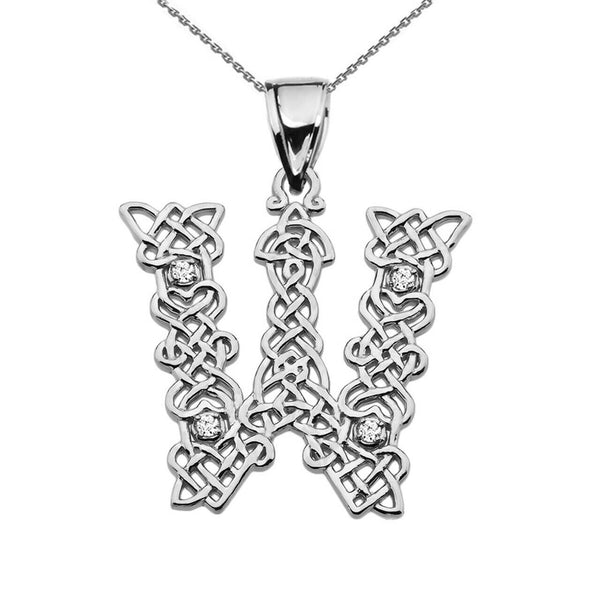 Sterling Silver CZ Celtic Knot Pattern Initial Letter W Pendant Charm Necklace