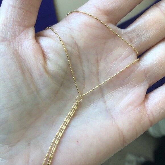 14K Solid Yellow Gold Double Strand Bead Layer Dangle Drop Choker Necklace