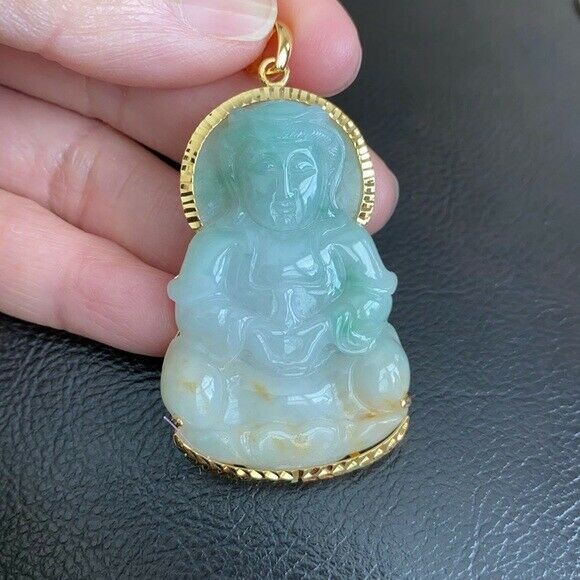 14K Solid Real Gold Natural Jadeite Jade A Kwan Yin Lady Buddha Pendant