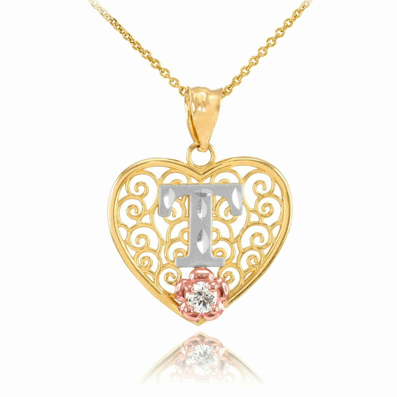 10k Solid Gold Initial Letter T Heart Filigree CZ Pendant Necklace Two Tone