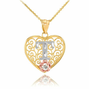 10k Solid Gold Initial Letter T Heart Filigree CZ Pendant Necklace Two Tone