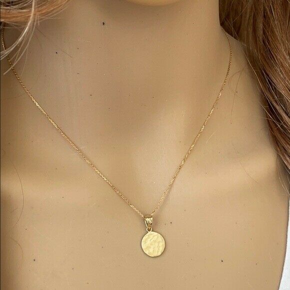 Solid 14k Yellow Gold Mini Hammered Round Small Disk Disc Pendant Necklace
