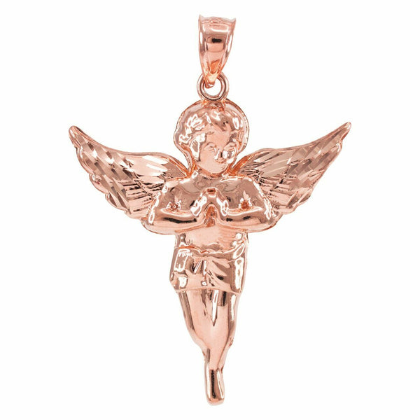 14K Solid Rose Gold Diamond Cut Angel Pendant Size Small, Medium, Large