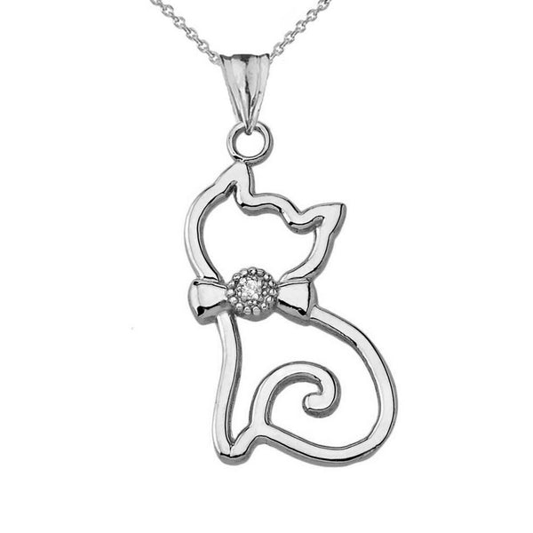 Solid 10k White Gold Openwork Diamond Cat Pendant Necklace