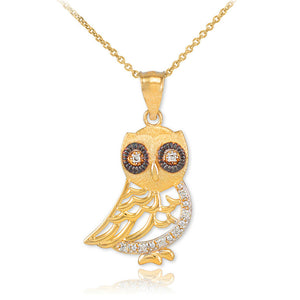 14K Solid Gold Bohemian Owl Diamond Pendant Necklace - Yellow, Rose, or White