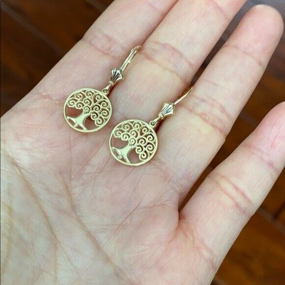 10K Solid Yellow Gold Tree of Life Openwork Drop / Dangle Leverback Earrings