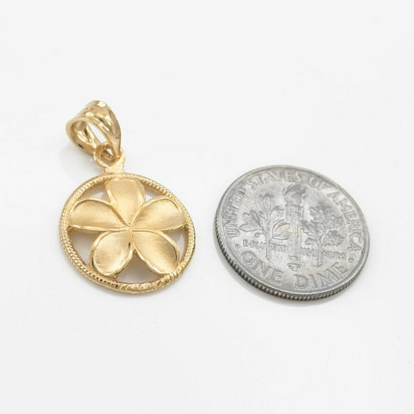 10K Yellow Gold Rope Circle Hawaiian Plumeria Frangipani Flower Pendant Necklace