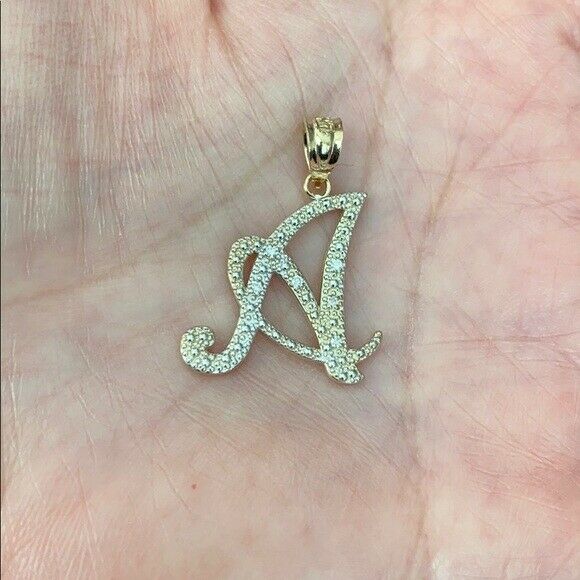 14k Solid Real Yellow Gold Diamonds Initial Script Letter A Pendant Necklace
